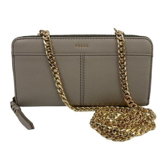 Fossil Womens Tara Zip Clutch in Gray Leather WOC on Chain - Picture 1 of 8